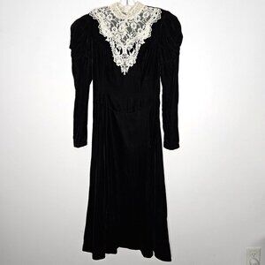 Vtg Scott McClintock Dress Womens XS Black Velvet Lace Wednesday Witchycore